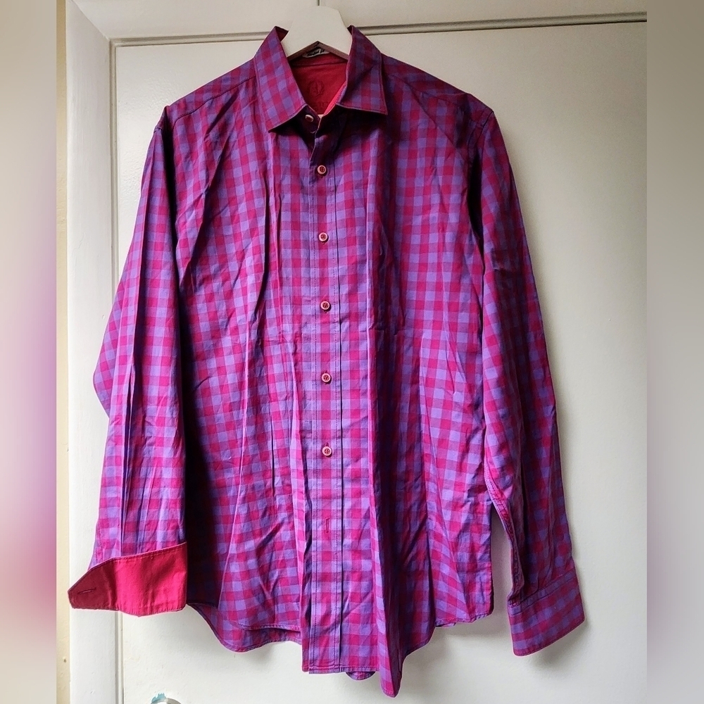 BUGATCHI Shaped Fit Purple And Pink Checkered Long Sleeve Button Shirt Size L
